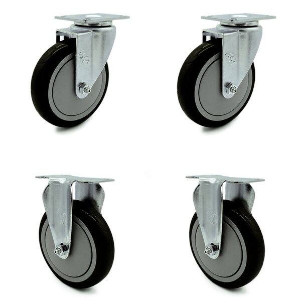 5 Inch Black Polyurethane Wheel Swivel Top Plate Caster Set with 2 Rigid SCC
